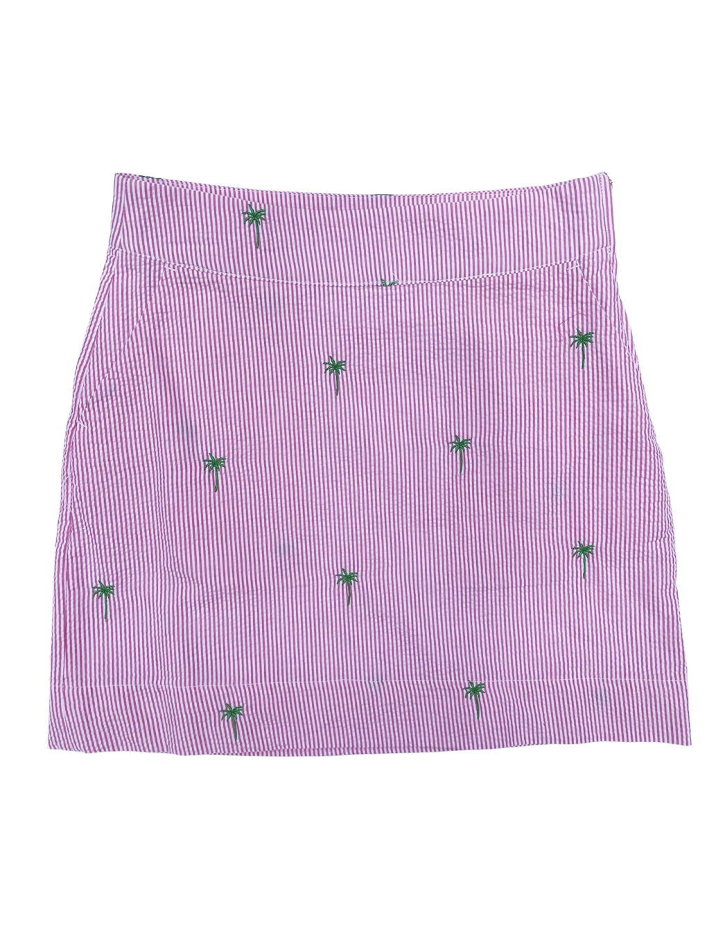 Hot Pink Seersucker Women's Skirt with Green Embroidered Palm Trees