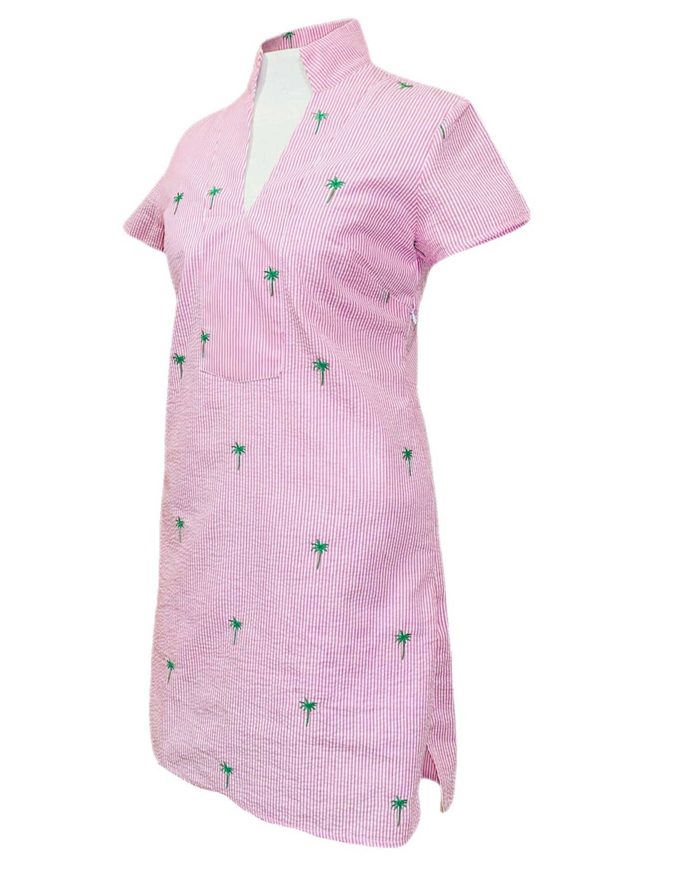 Pink Seersucker with Green Palm Trees Tunic Dress