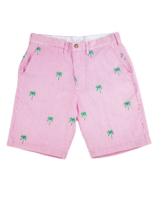 Pink Mens Seersucker Shorts with Green Embroidered Palm Trees
