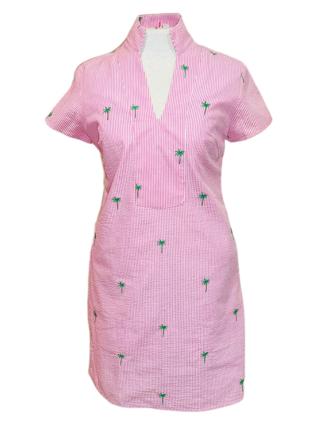 Pink Seersucker with Green Palm Trees Tunic Dress