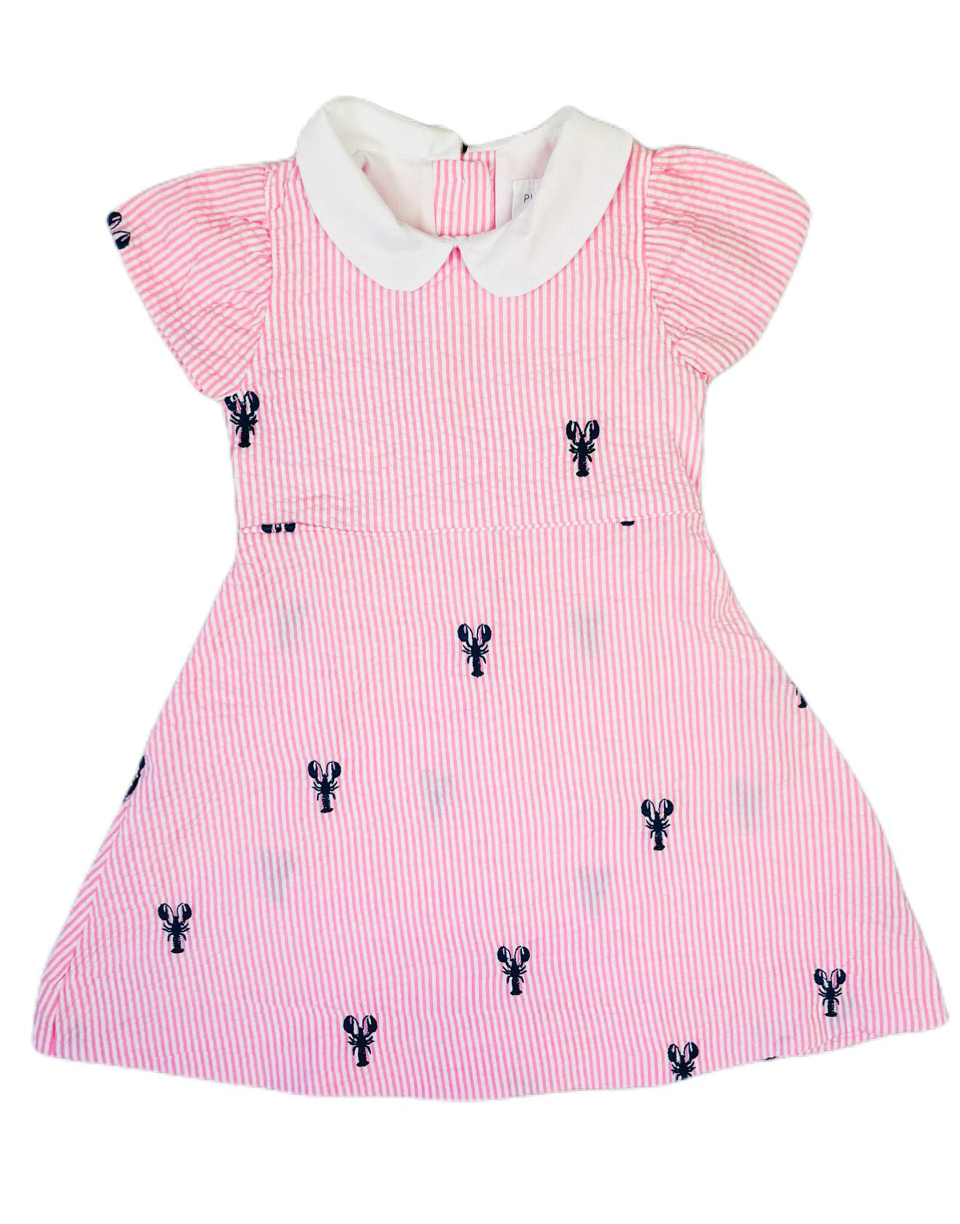 Pink Seersucker Girls Dress with Navy Embroidered Lobsters and Peter Pan Collar