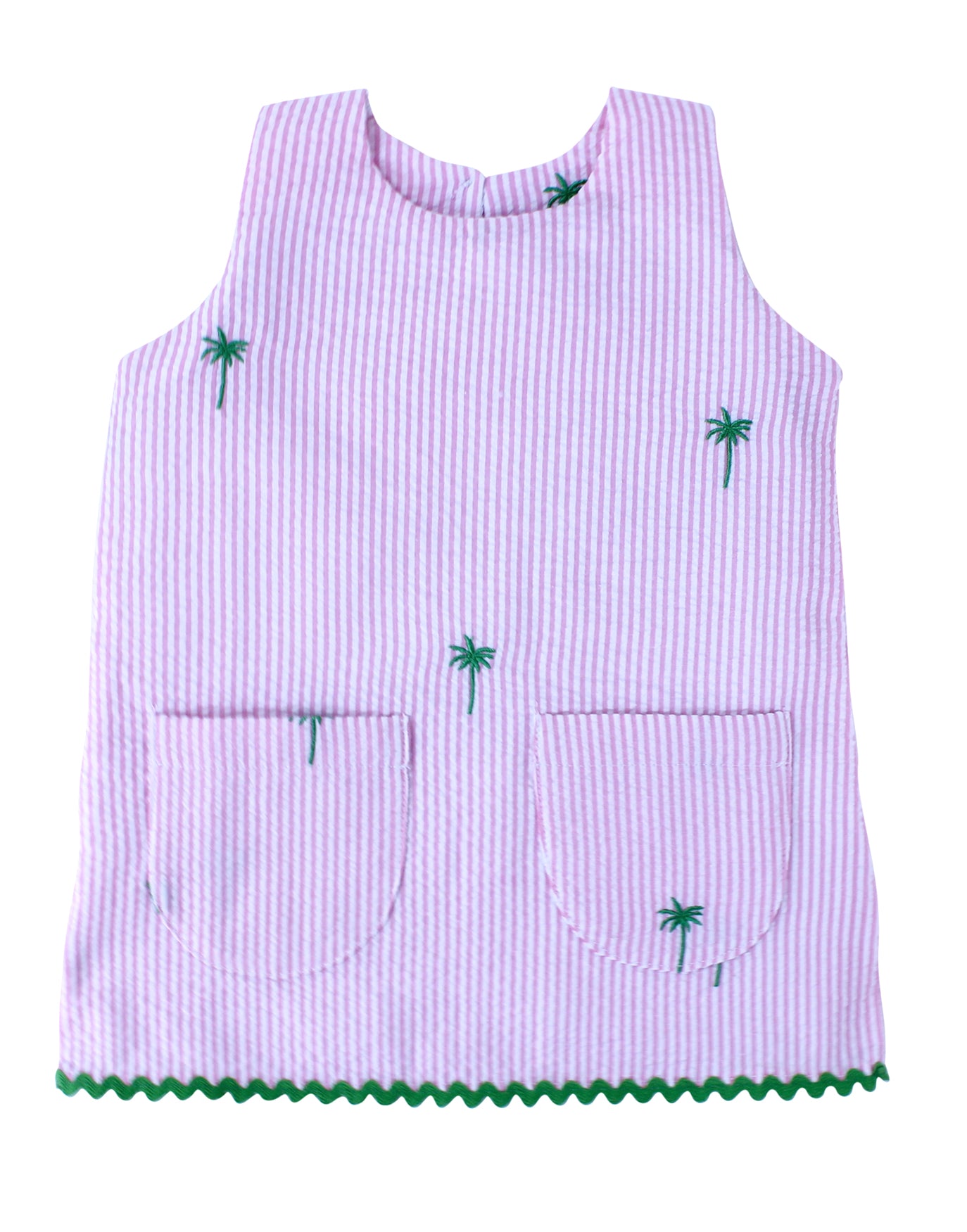 Pink Seersucker Girls Dress with Green Embroidered Palm Trees