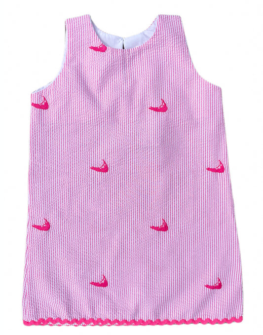 Pink Seersucker Girls Dress with Pink Embroidered Nantuckets