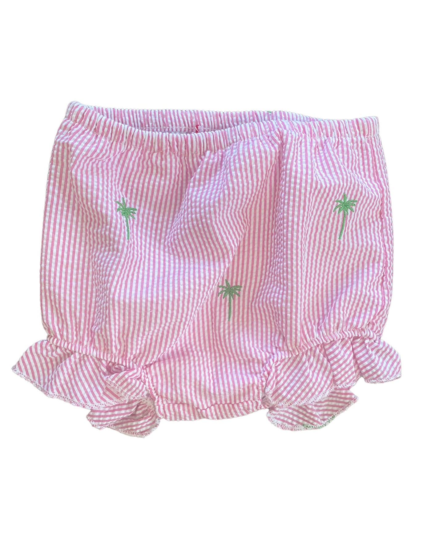 Pink Seersucker Baby Bloomers with Green Embroidered Palm Trees