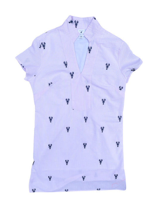 Pink Seersucker Tunic Dress with Navy Embroidered Lobsters
