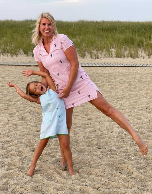 Pink Seersucker with Navy Lobsters Après Beach Ladies Tunic Dress (UNLINED)