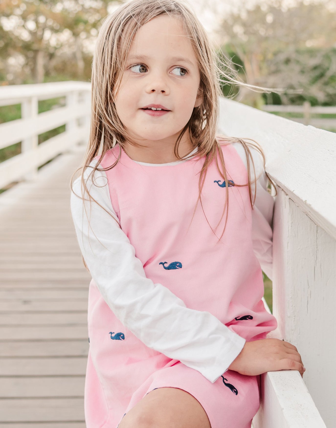 Light Pink Corduroy Jumper Dress with Embroidered Navy Whales