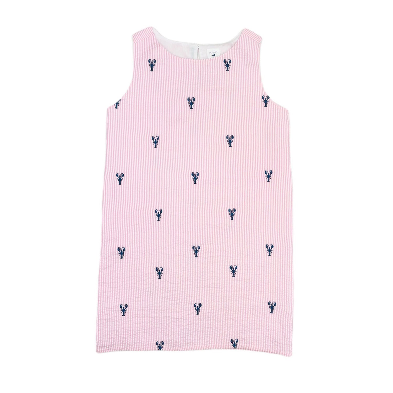 Pink Seersucker Women's Shift Dress with Navy Embroidered Lobsters Piping Prints Pink Seersucker Women's Shift Dress with Navy Embroidered Lobsters Piping Prints