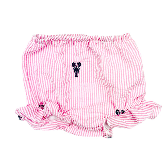 Pink Seersucker Baby Bloomers with Navy Embroidered Lobsters