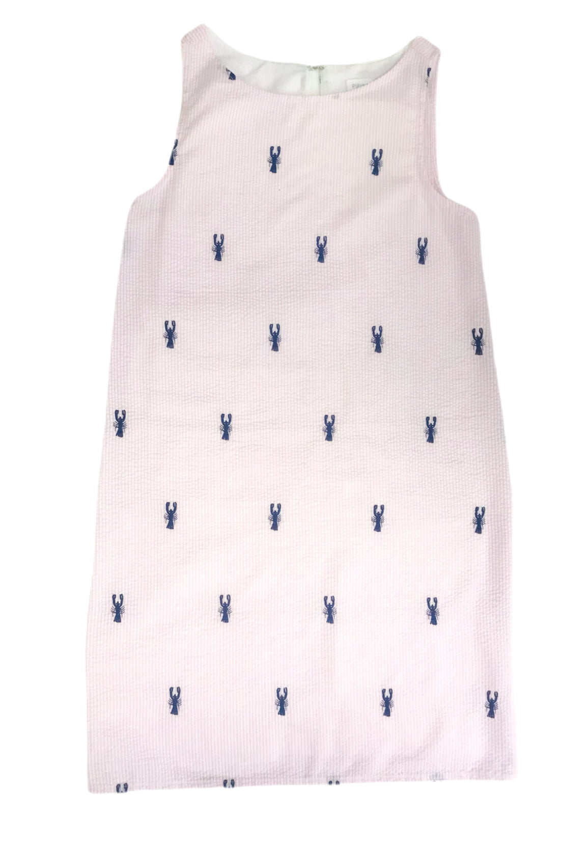 Light Pink Seersucker Women's Shift Dress with Navy Embroidered Lobsters (Unlined)