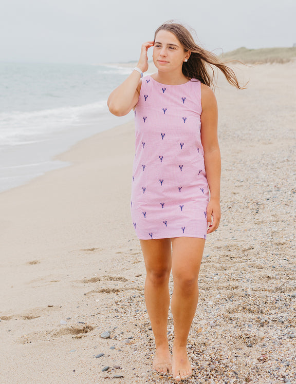 Red Seersucker Women's Shift Dress with Navy Embroidered Lobsters