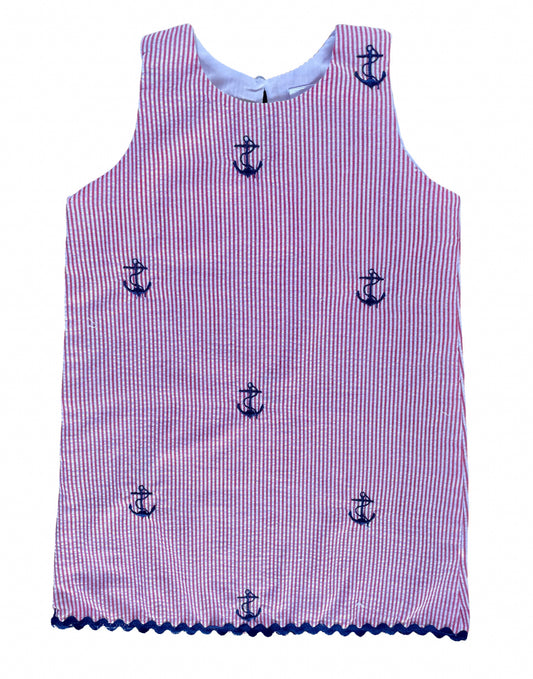 Red Seersucker Girls Ric-Rac Dress with Navy Embroidered Anchors