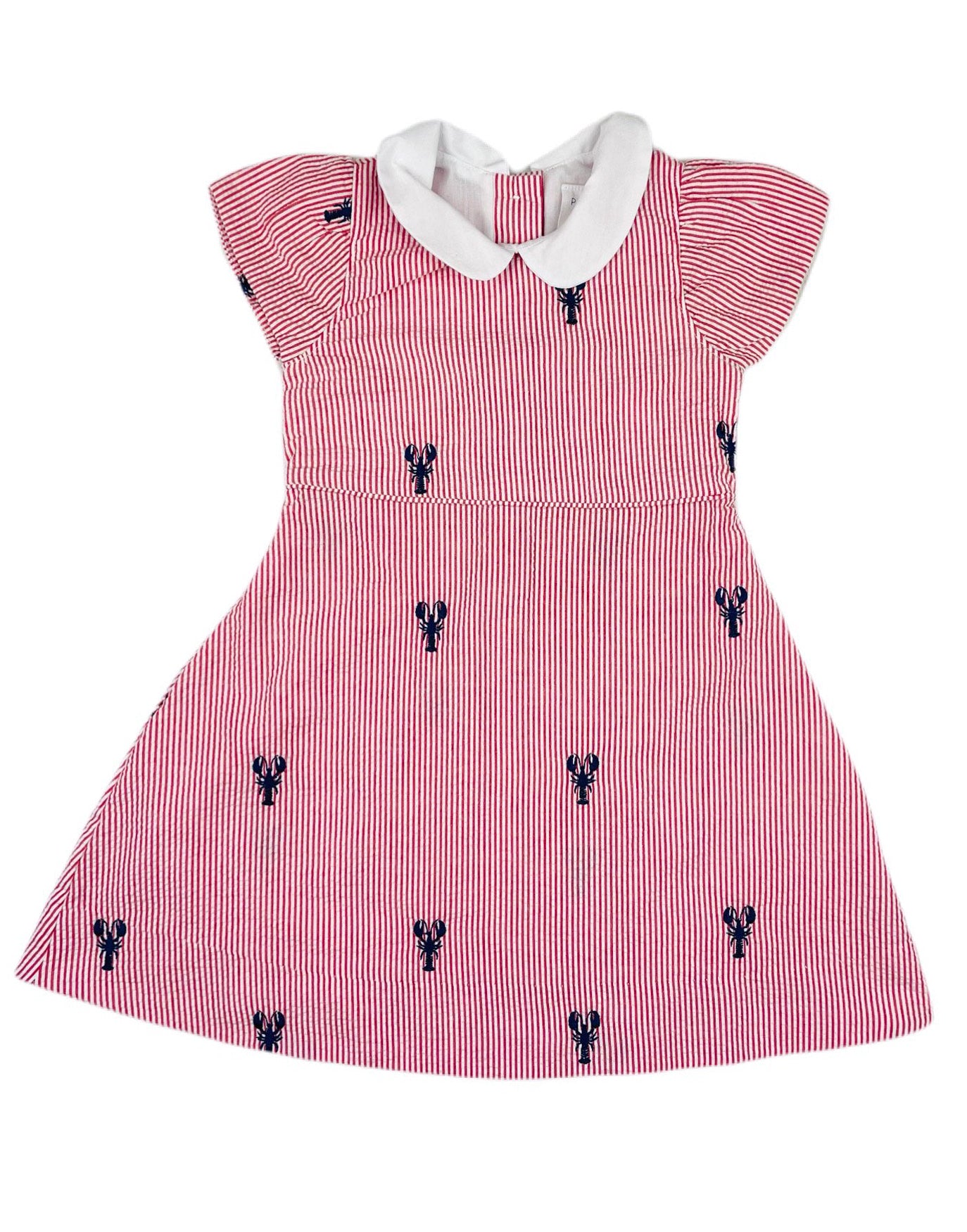 Red Seersucker Girls Dress with Navy Embroidered Lobsters and Peter Pan Collar