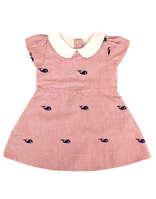 Red Seersucker Girls Dress with Navy Embroidered Whales and Peter Pan Collar