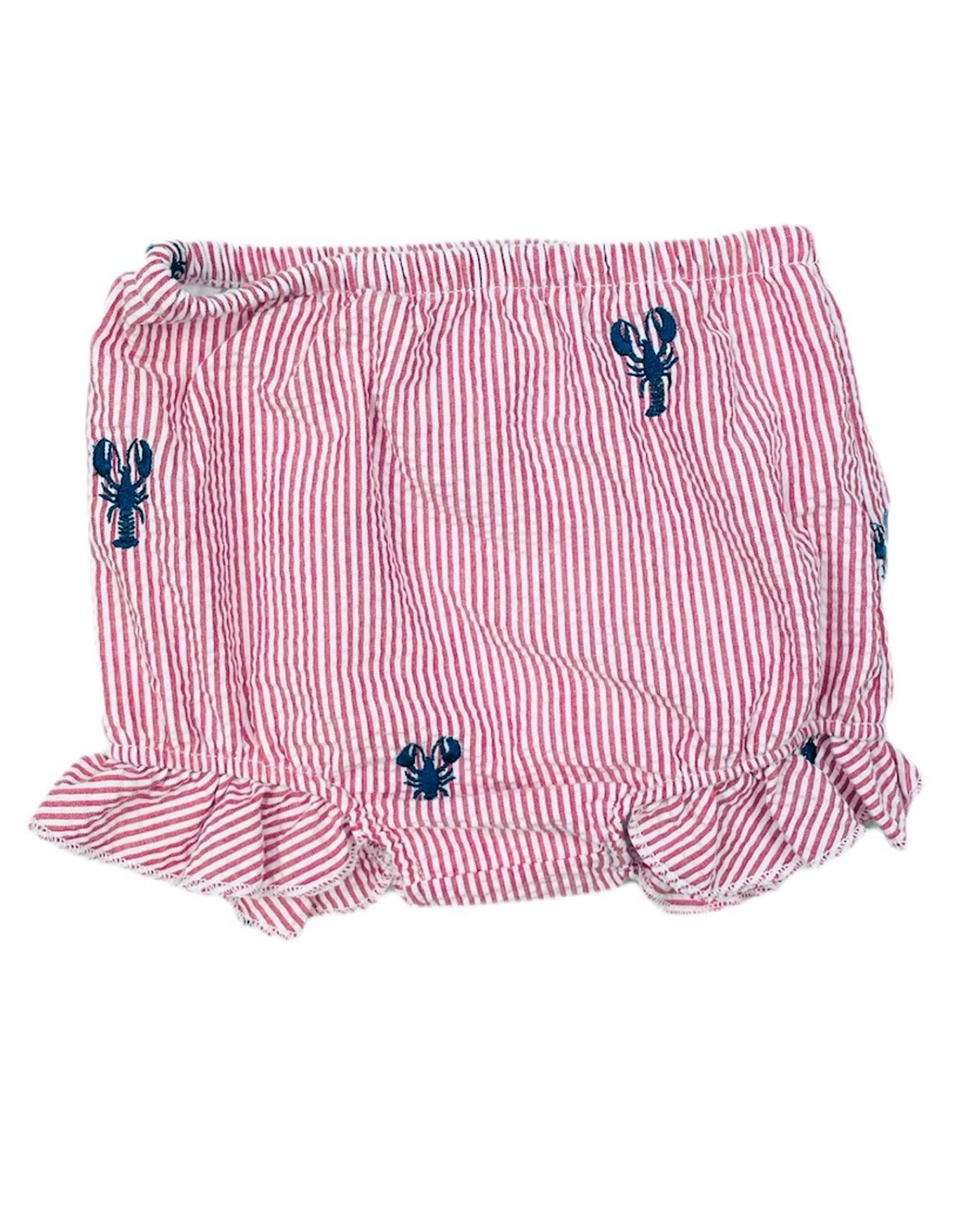 Red Seersucker Baby Bloomers with Navy Embroidered Lobsters
