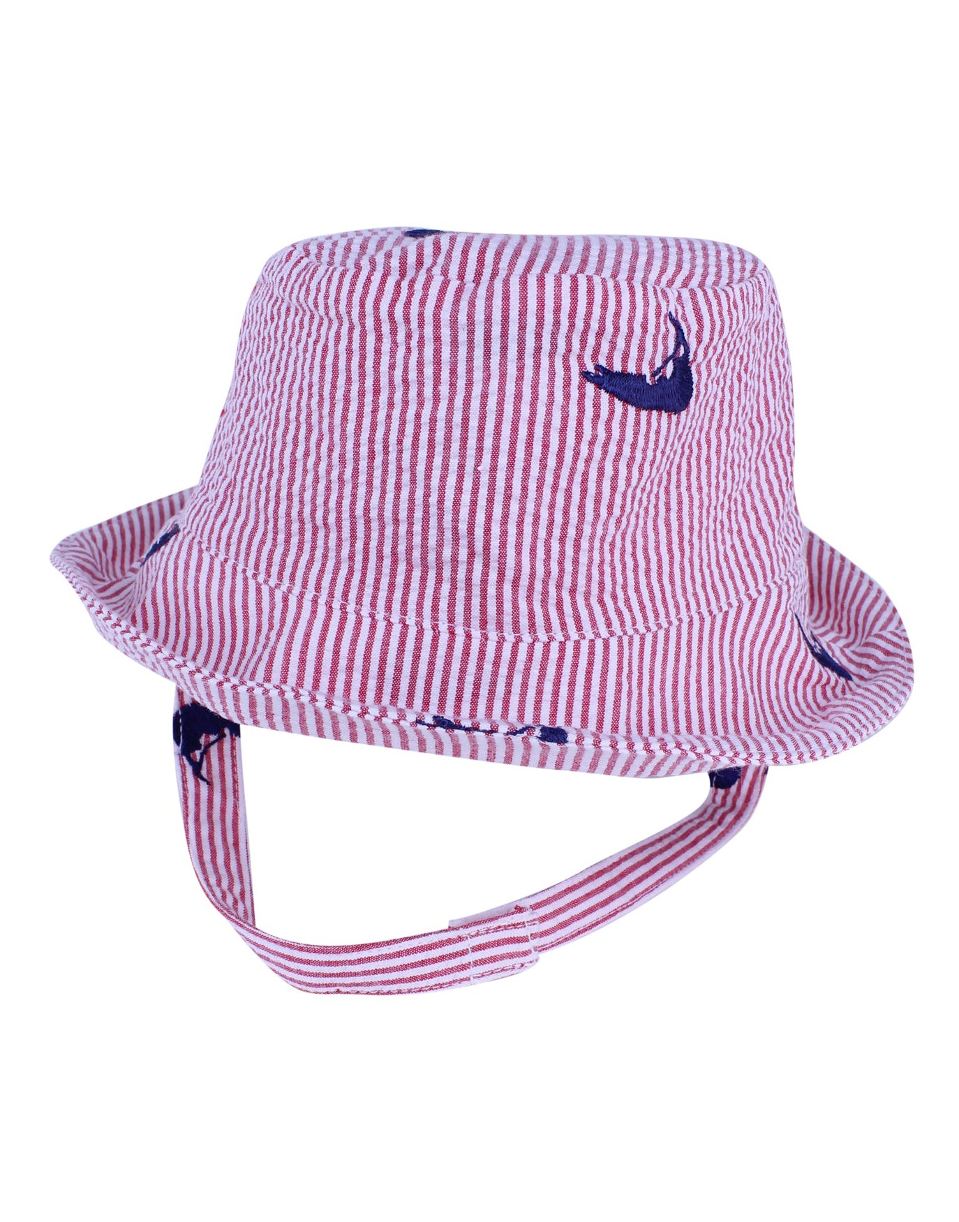 Red Seersucker with Navy Embroidered Nantuckets Baby Bucket Hat
