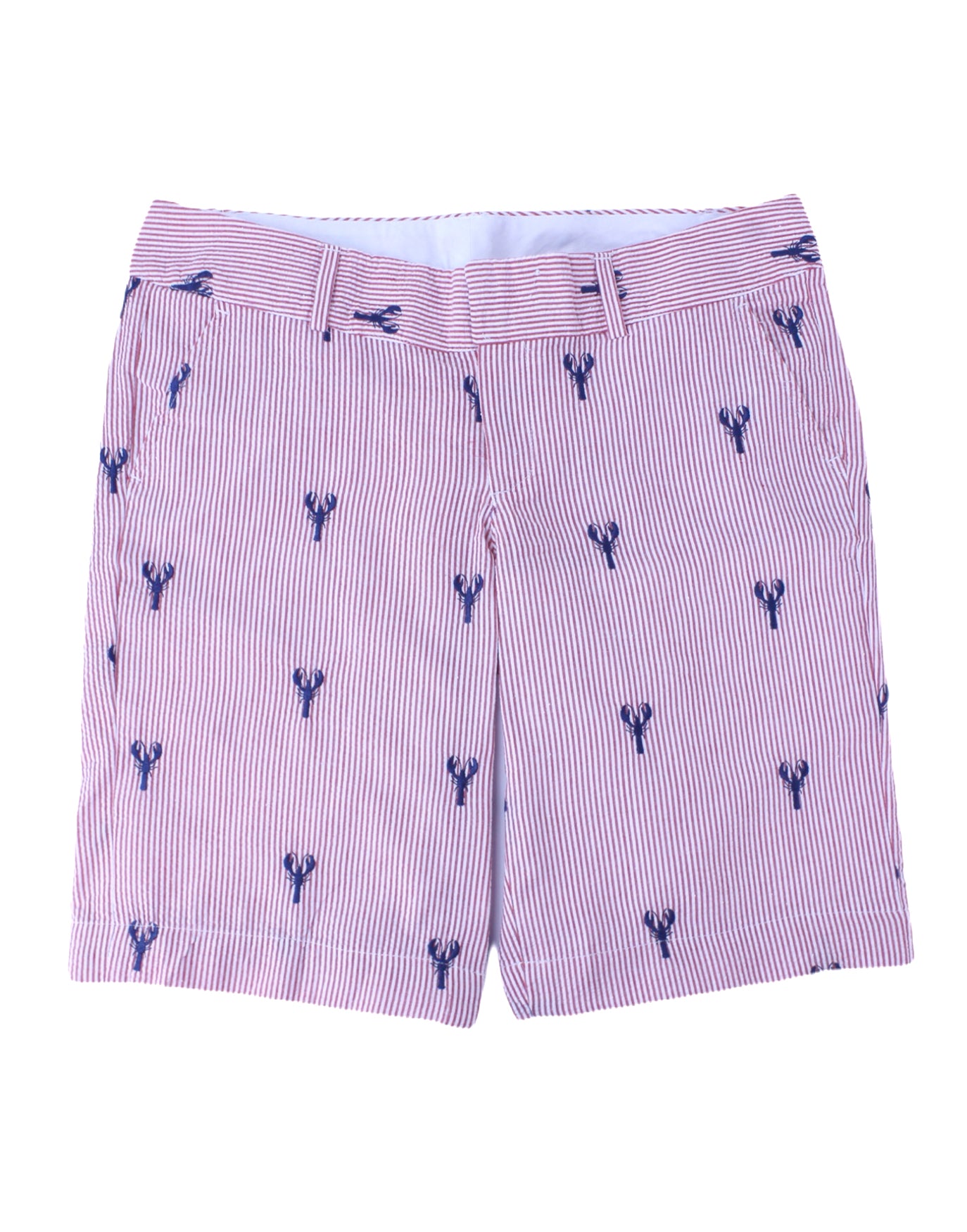 Red Seersucker Women's Bermuda Shorts with Navy Embroidered Lobsters
