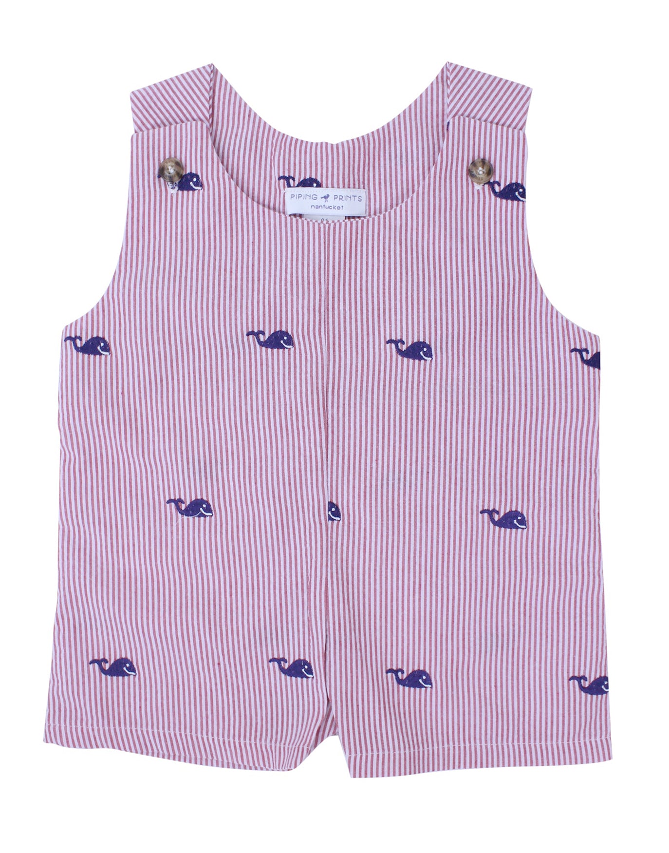 Red Seersucker Baby Romper with Navy Embroidered Whales