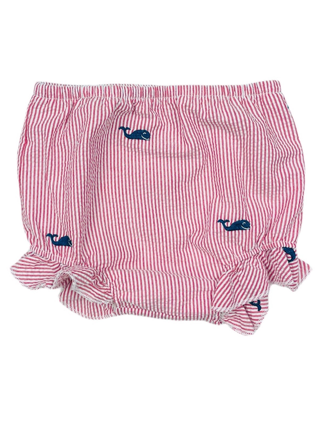 Red Seersucker Baby Bloomers with Navy Embroidered Whales
