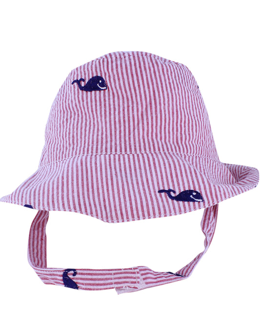Red Seersucker with Navy Embroidered Whale Baby Bucket Hat