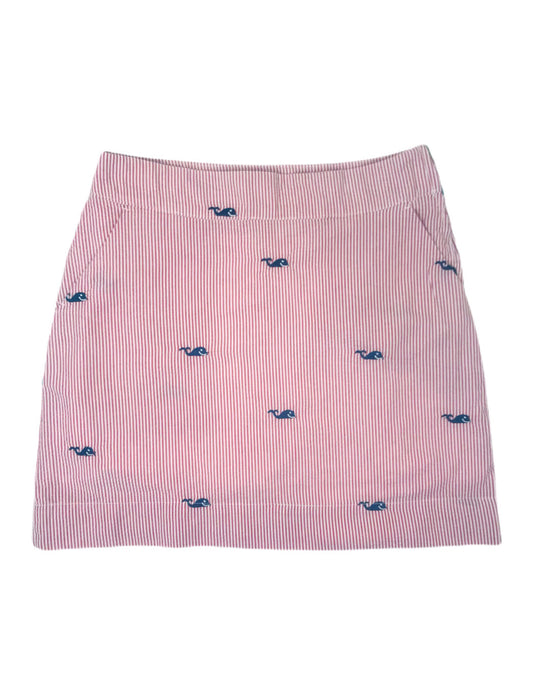 Red Seersucker Women's Skirt with Navy Embroidered Whales