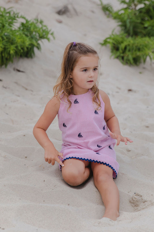 Red Seersucker Girls Dress with Navy Embroidered Sailboats
