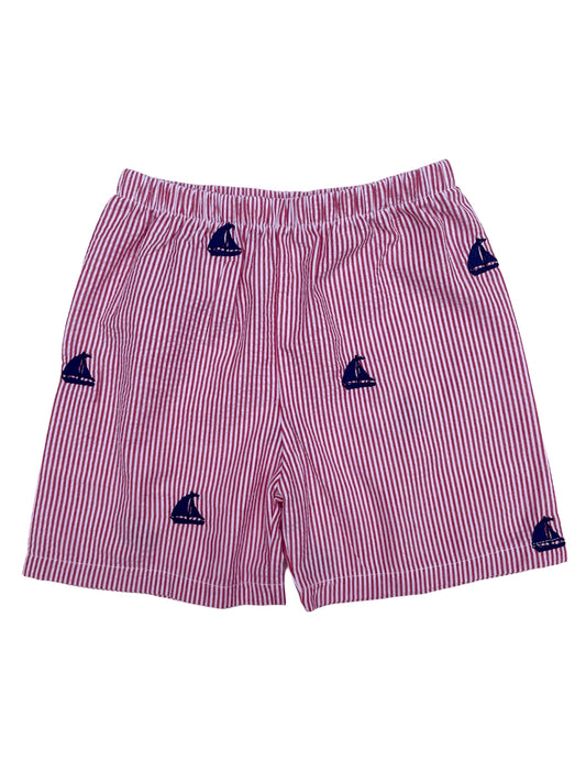 Red Kids Seersucker Shorts with Navy Embroidered Sailboats