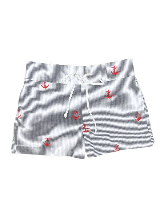 Navy Seersucker Women's Lounge Short with Red Embroidered Anchors