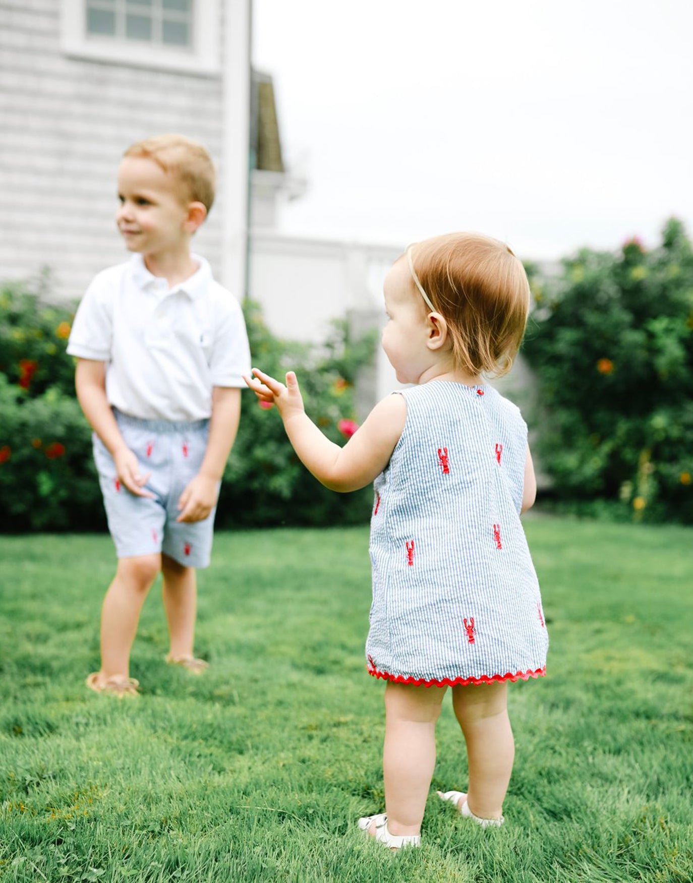 Blue Seersucker Kids Shorts with Red Embroidered Red Lobsters