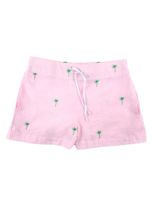 Pink Seersucker Women's Lounge Short with Green Embroidered Palm Trees