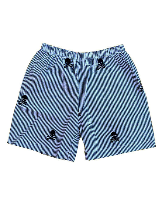 Navy Kids Seersucker Shorts with Navy Embroidered Pirate Skulls