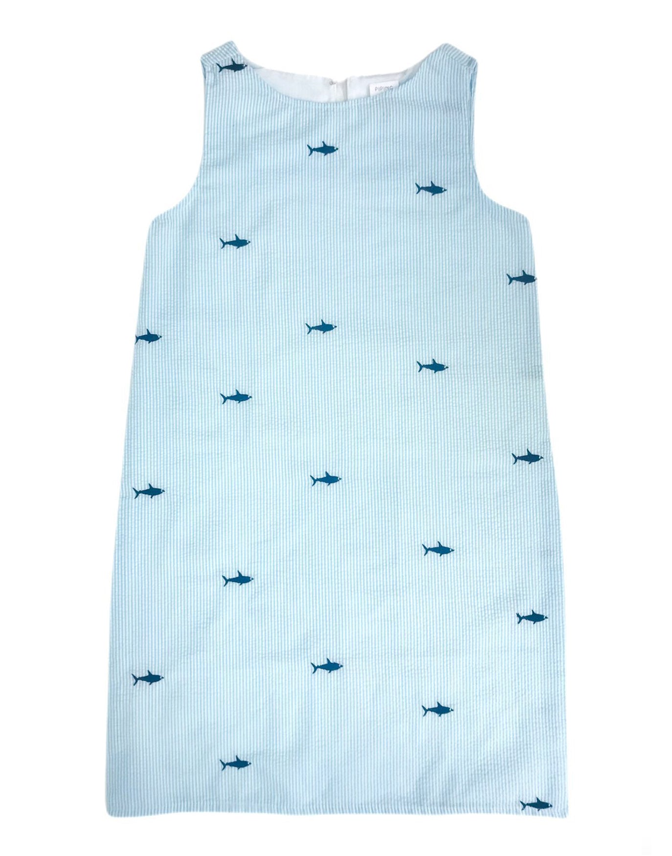 Turquoise Seersucker Women's Dress with Navy Embroidered Sharks