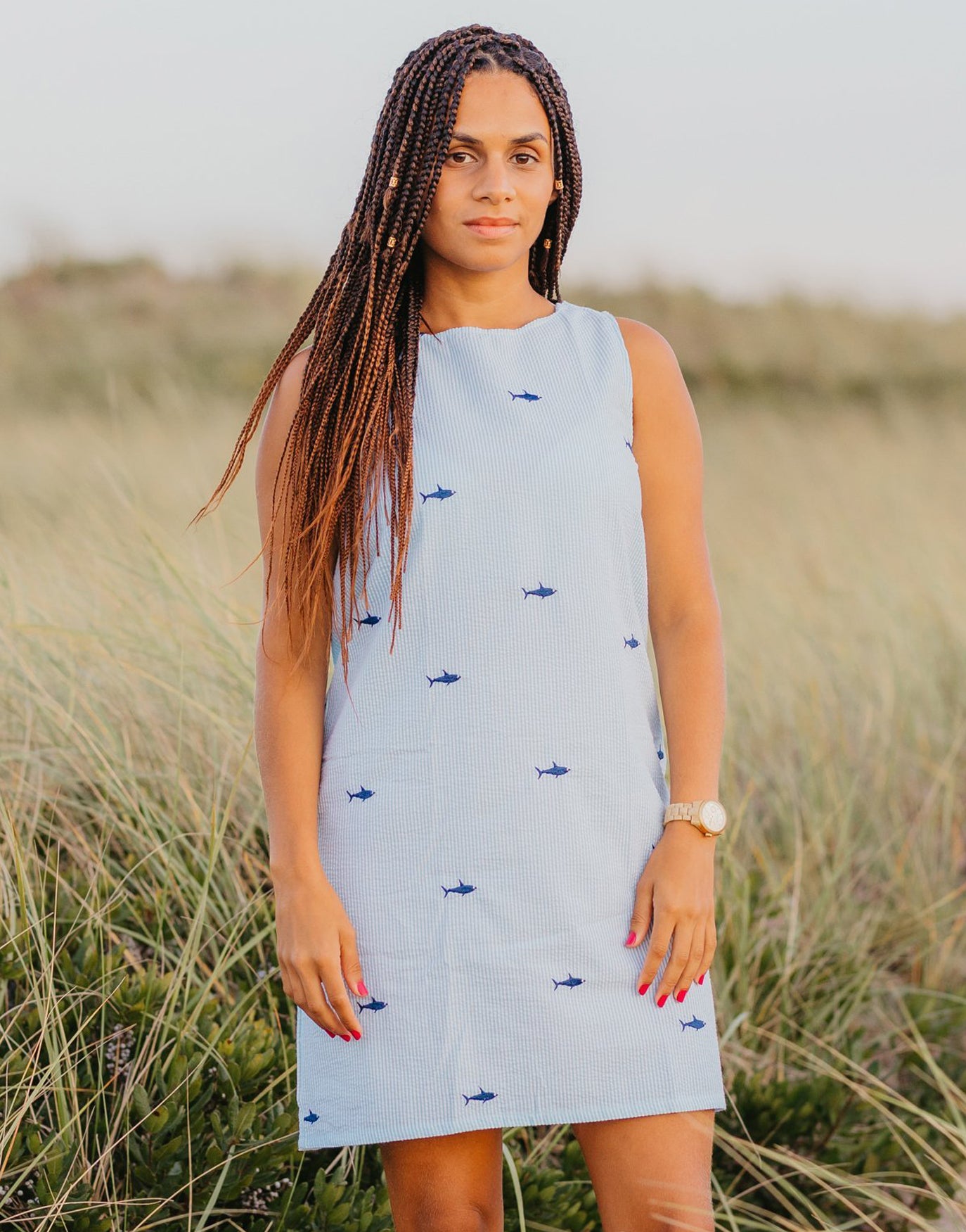 Turquoise Seersucker Women's Dress with Navy Embroidered Sharks