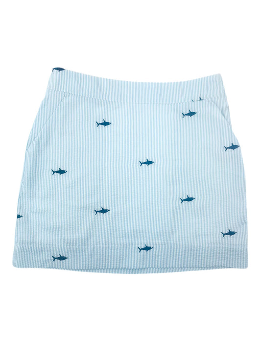 Turquoise Seersucker Women's Skirt with Navy Embroidered Sharks