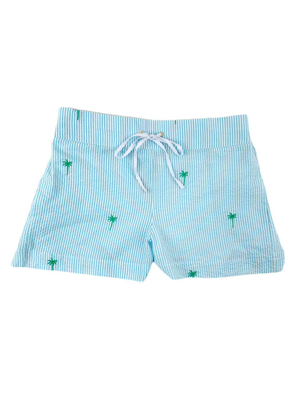 Turquoise Seersucker Women's Lounge Short with Green Embroidered Palm Trees