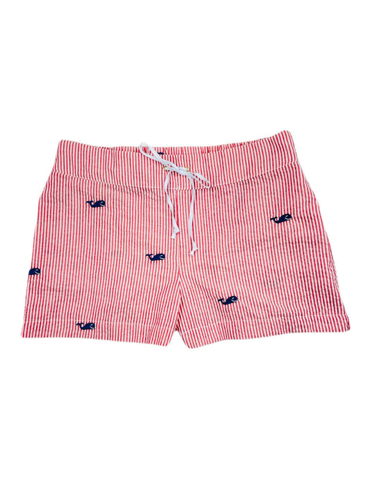 Red Seersucker Women's Lounge Short with Navy Embroidered Whales