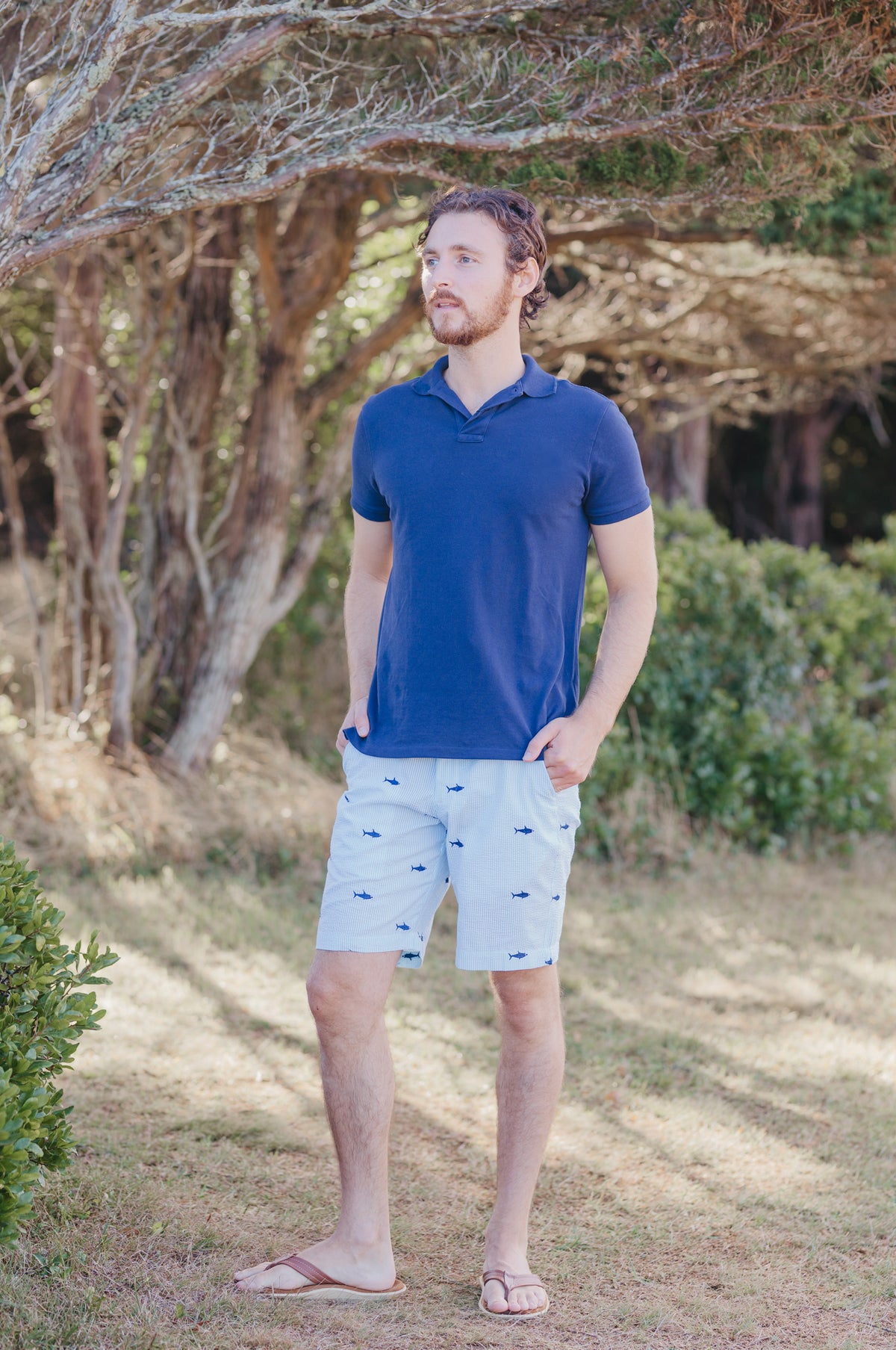 Turquoise  Mens Seersucker Shorts with Navy Embroidered Sharks