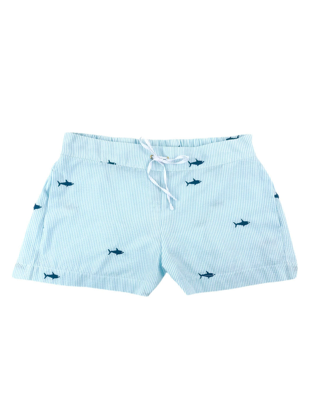 Turquoise Seersucker Women's Lounge Short with Navy Embroidered Sharks