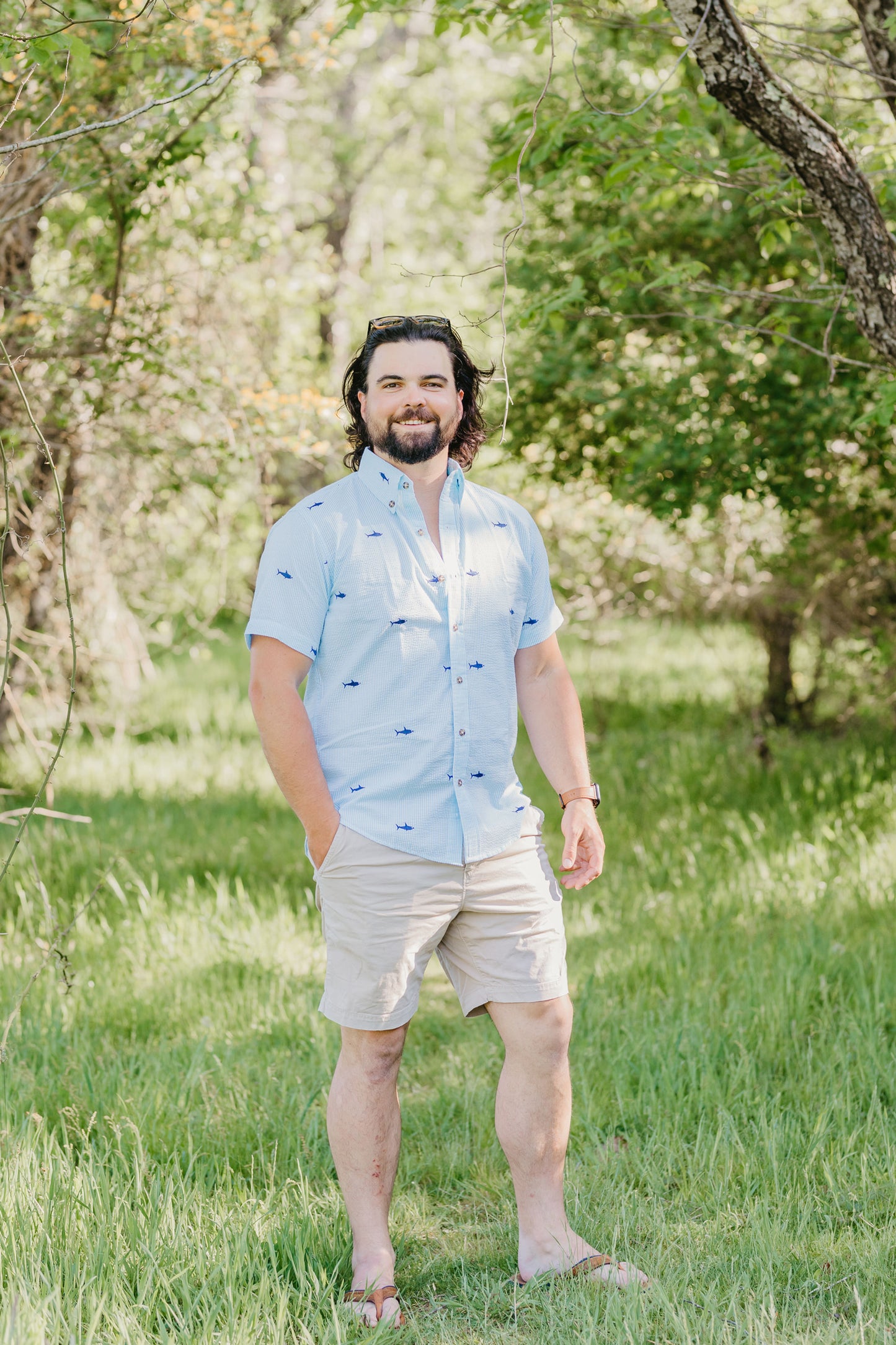 Turquoise Seersucker with Navy Sharks Button Down Short Sleeved Shirt