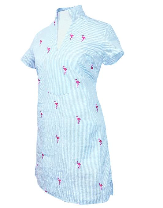 Turquoise Seersucker with Pink Flamingos Tunic Dress