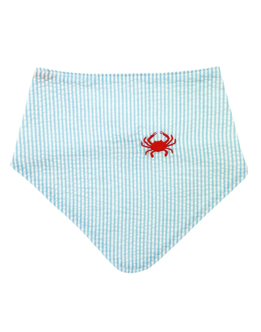 Turquoise Seersucker Bandana Bib with Red Embroidered Crabs