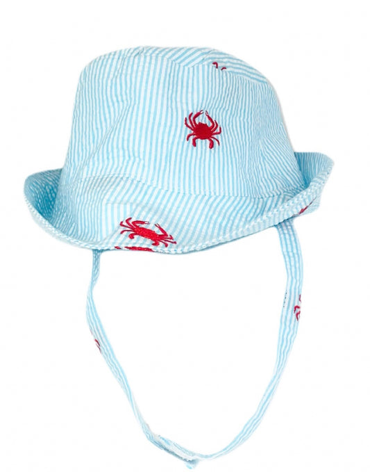 Turquoise Seersucker with Red Embroidered Crabs Baby Bucket Hat