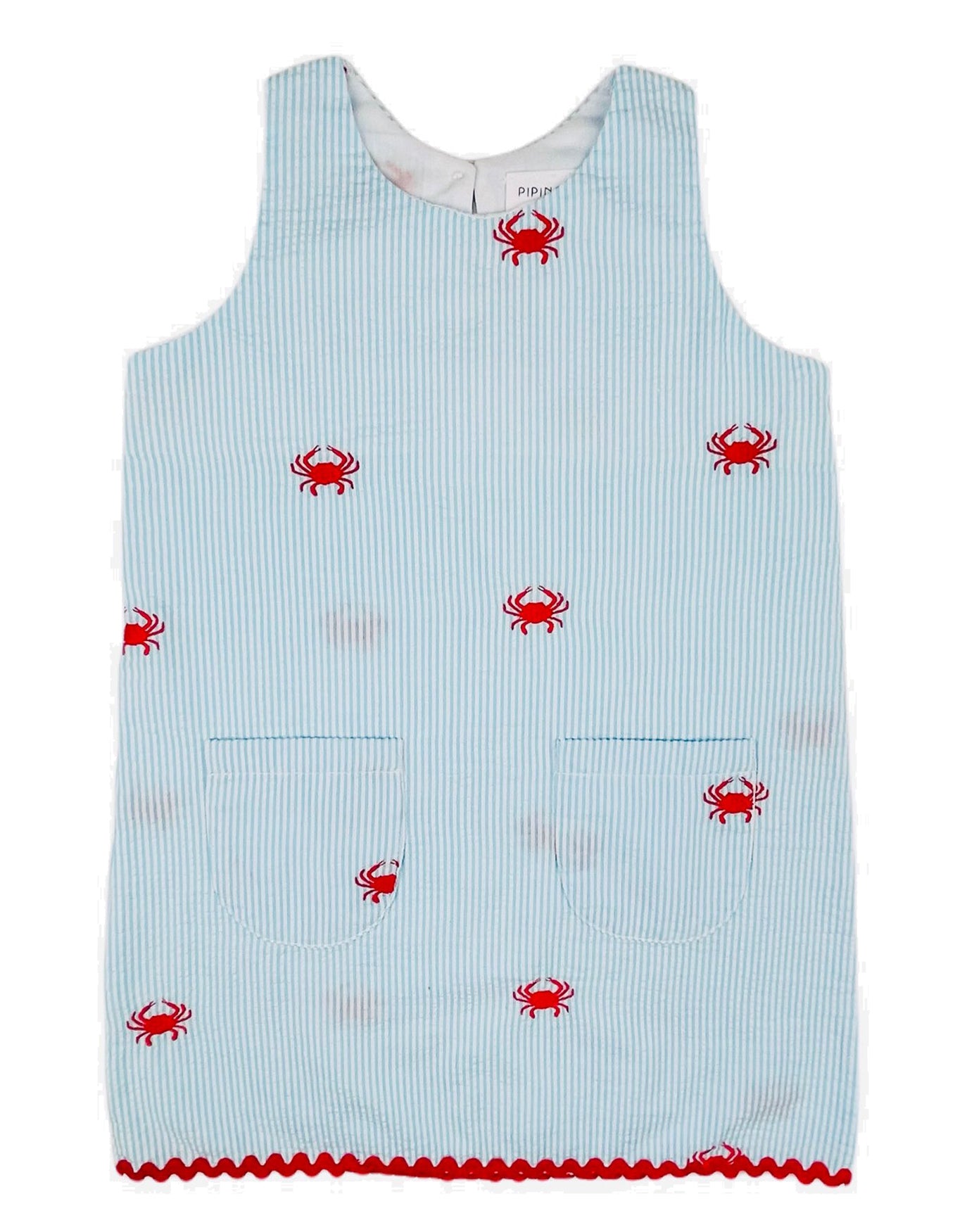 Turquoise Seersucker Girls Dress with Red Embroidered Crabs