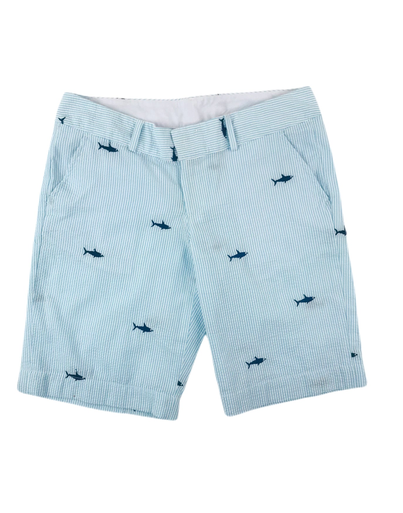 Turquoise and White Seersucker Women's Bermuda Shorts with Navy Embroidered Sharks
