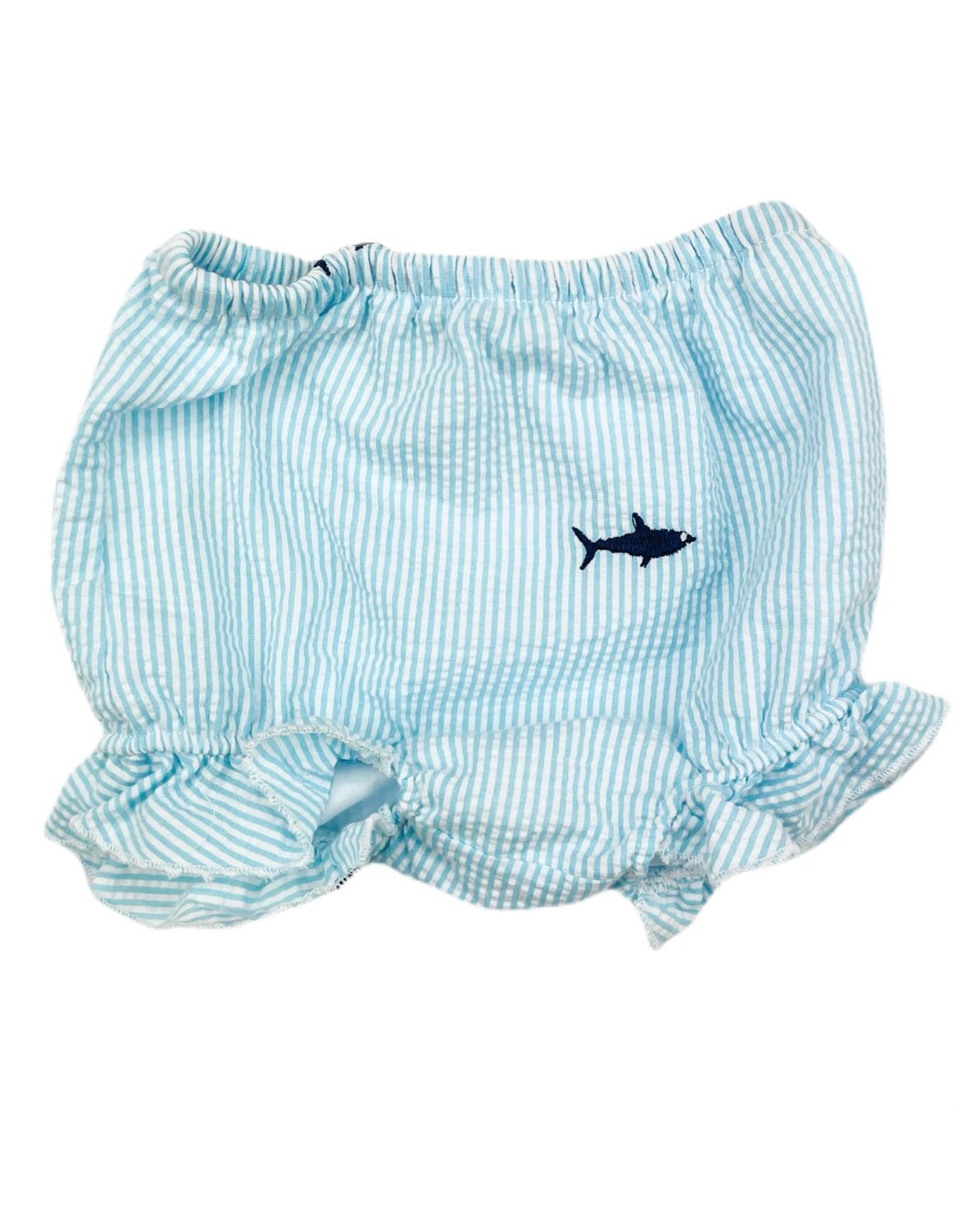 Turquoise Seersucker Baby Bloomers with Navy Embroidered Sharks