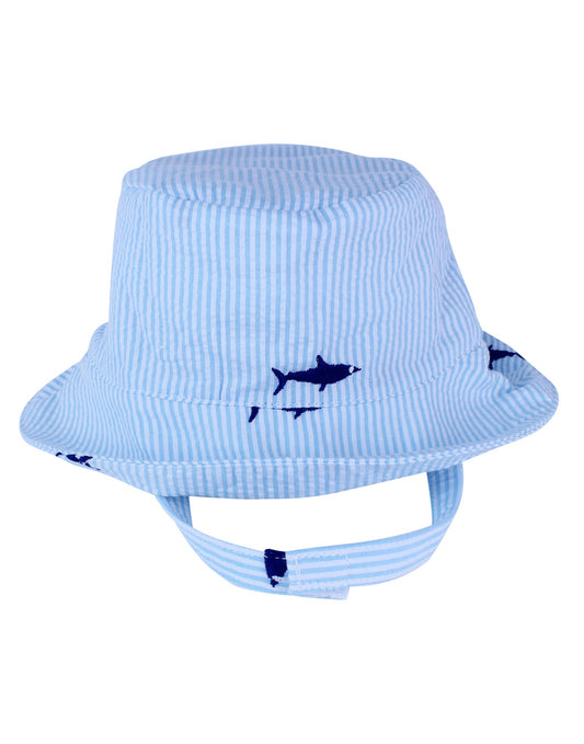 Turquoise Seersucker with Navy Embroidered Sharks Baby Bucket Hat