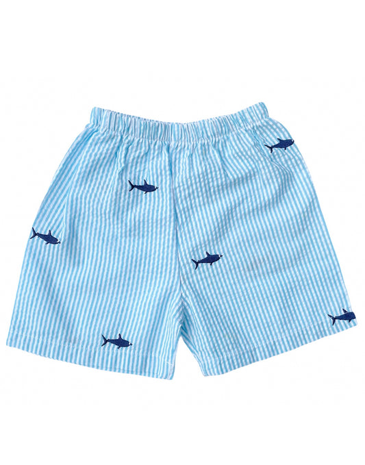Kids Turquoise Seersucker Shorts with Navy Embroidered Sharks