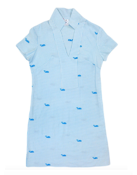 Turquoise Seersucker with Whales Ladies Tunic Dress (Unlined)