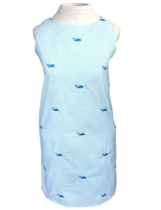 Turquoise Women's Seersucker Dress with Embroidered Turquoise Whales